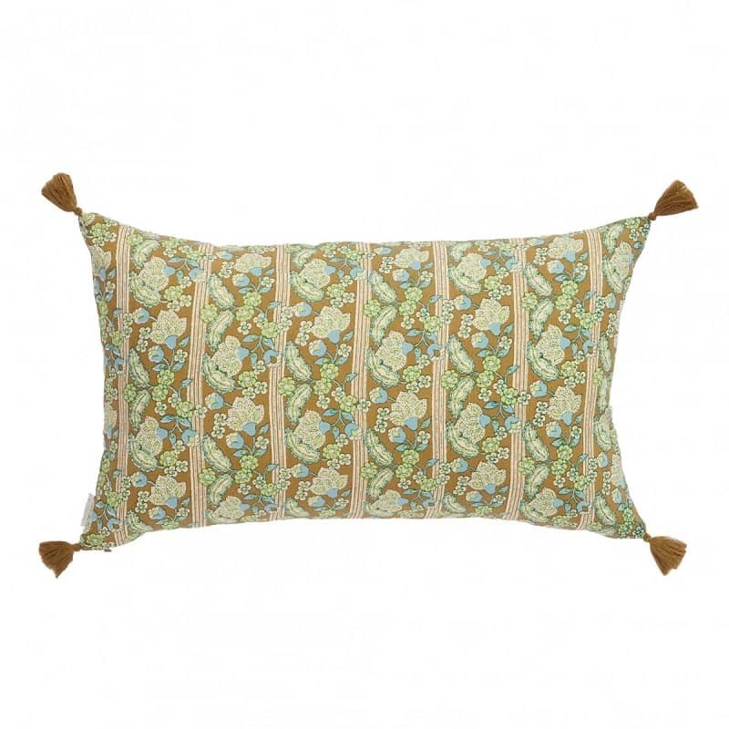 Housse de coussin bohème fleurie verte bronze Bonheur du Jour